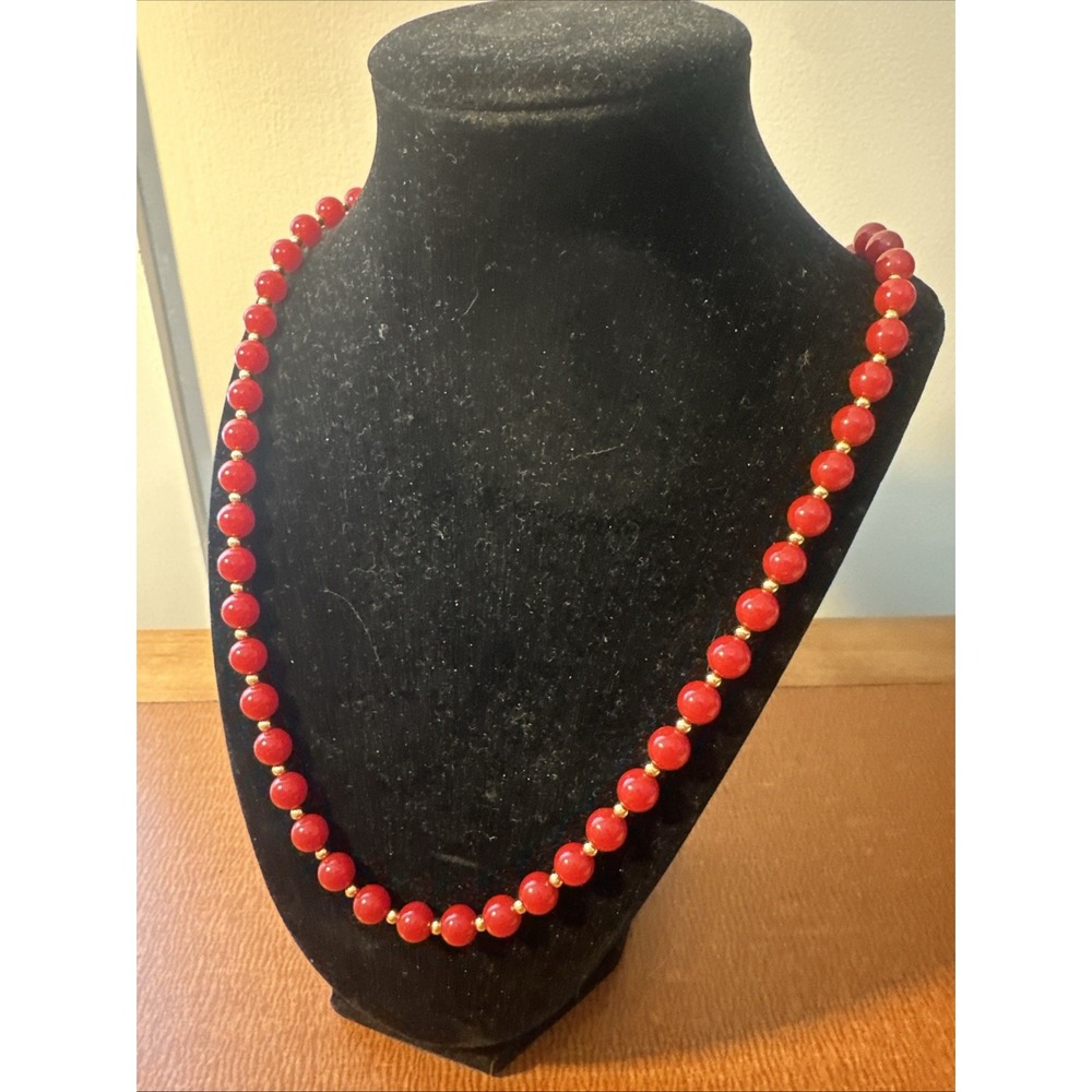 Vintage MONET Red Bead Gold Accent Classic Gold tone Clasp Necklace Signed 24"